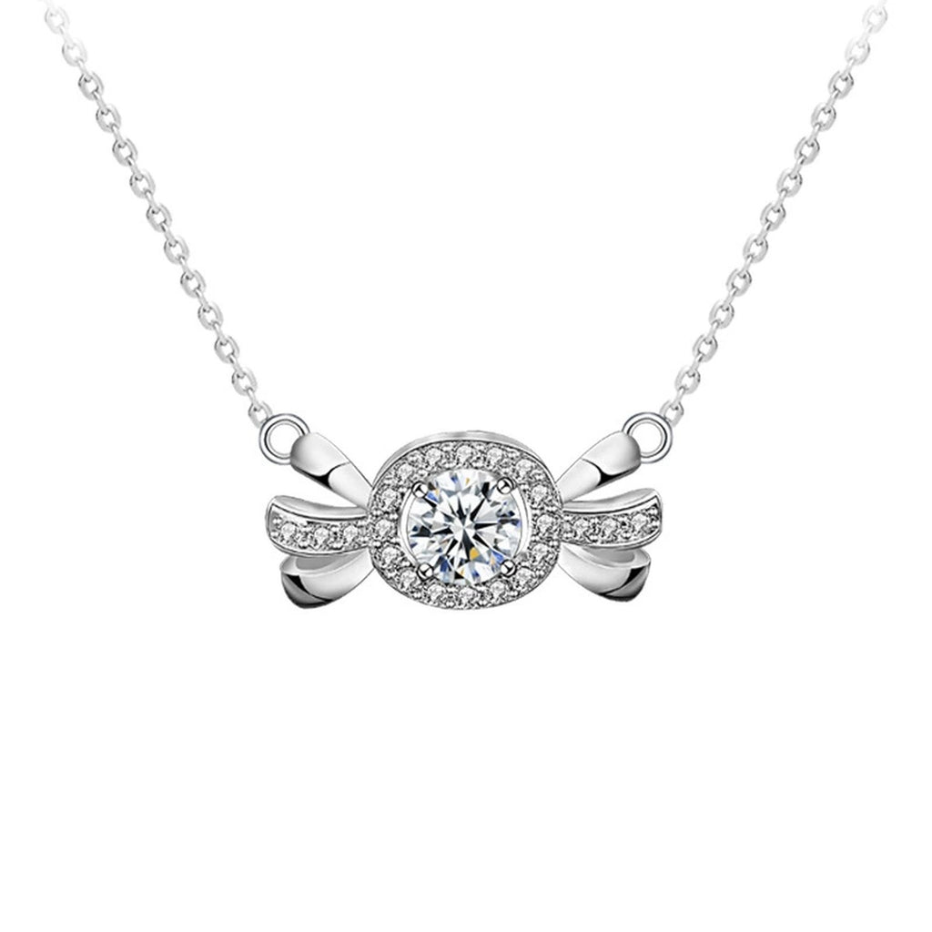 Candy Round Moissanite Necklace with CZ in White Gold-Plated S925 sterling silver white background product photo showing candy pendant with round moissanite center and CZ bow ends