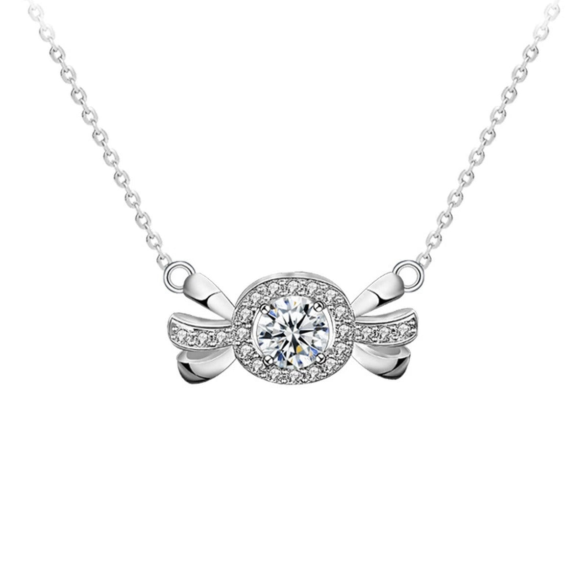 Candy Round Moissanite Necklace with CZ in White Gold-Plated S925 sterling silver white background product photo showing candy pendant with round moissanite center and CZ bow ends