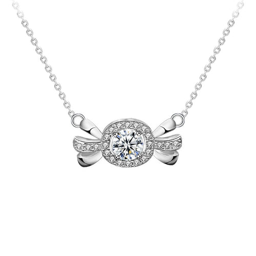 Candy Round Moissanite Necklace with CZ in White Gold-Plated S925 sterling silver white background product photo showing candy pendant with round moissanite center and CZ bow ends