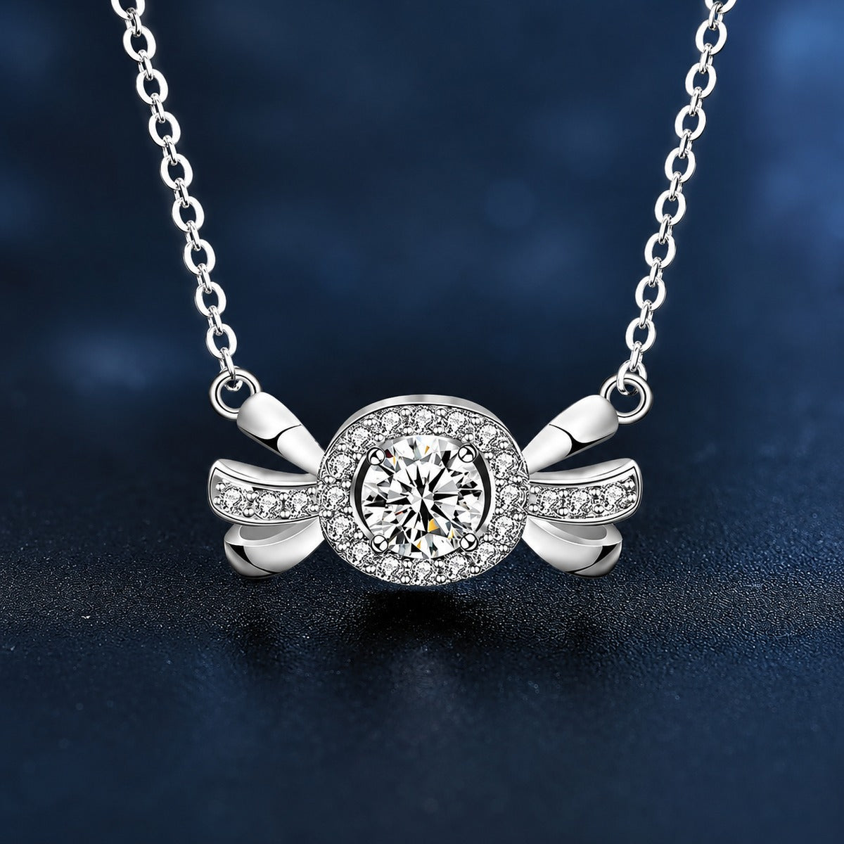 Candy Round Moissanite Necklace with CZ in White Gold-Plated S925 sterling silver close-up product scene showing pendant setting