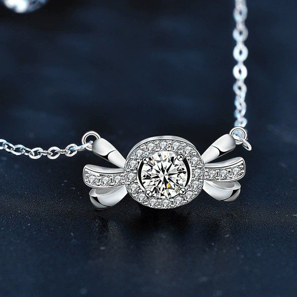 Candy Round Moissanite Necklace with CZ in White Gold-Plated S925 sterling silver blue display scene showing chain and stone layout