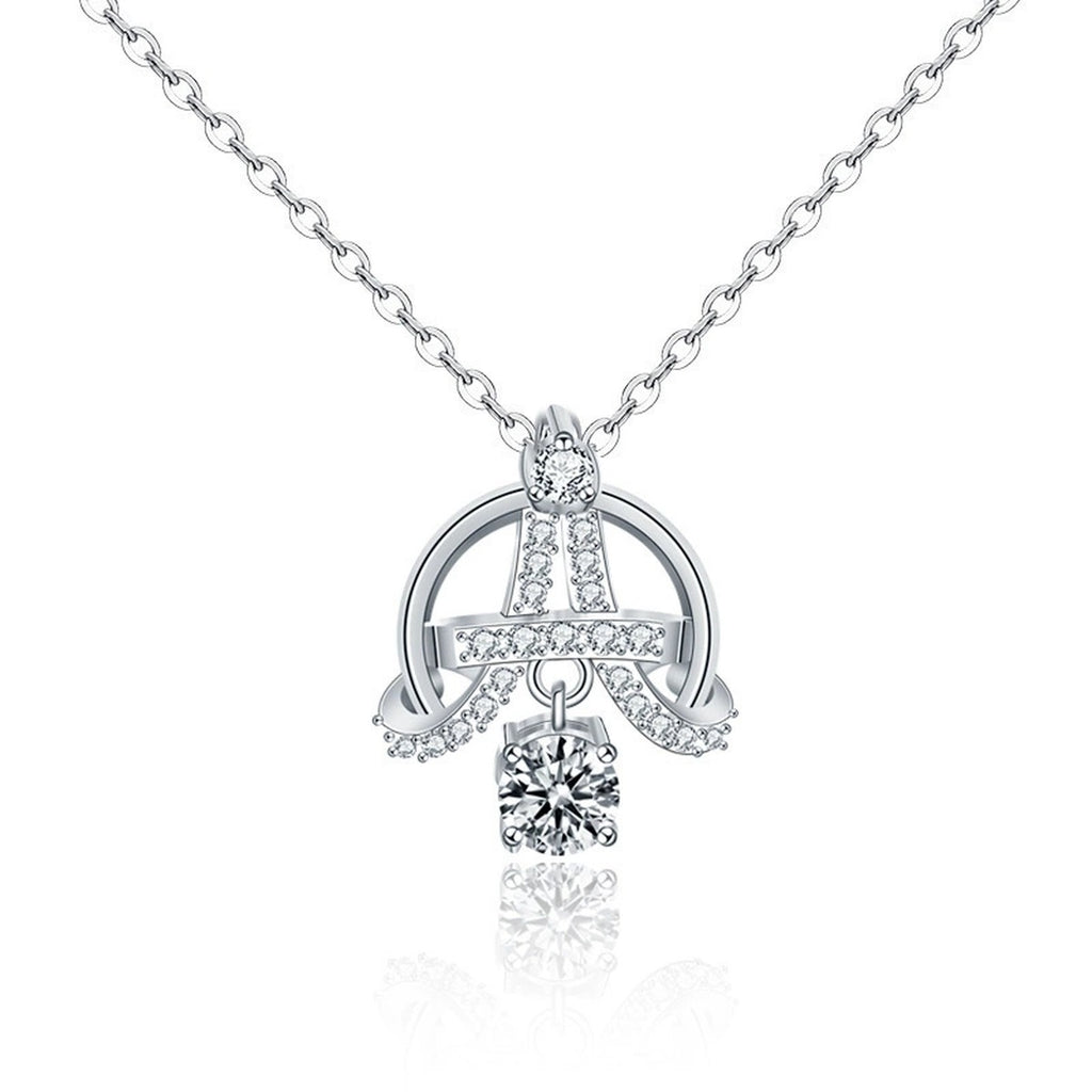 Eiffel Tower Round Moissanite Necklace with CZ in White Gold-Plated S925 sterling silver white background front product view showing eiffel Tower-inspired pendant centered with a round moissanite and fine CZ accents