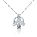 Eiffel Tower Round Moissanite Necklace with CZ in White Gold-Plated S925 sterling silver white background front product view showing eiffel Tower-inspired pendant centered with a round moissanite and fine CZ accents