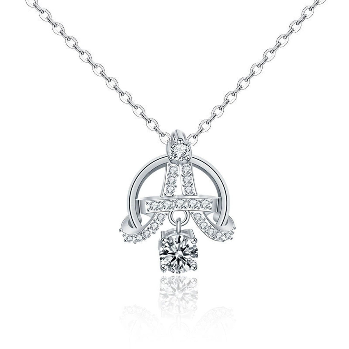 Eiffel Tower Round Moissanite Necklace with CZ in White Gold-Plated S925 sterling silver white background front product view showing eiffel Tower-inspired pendant centered with a round moissanite and fine CZ accents