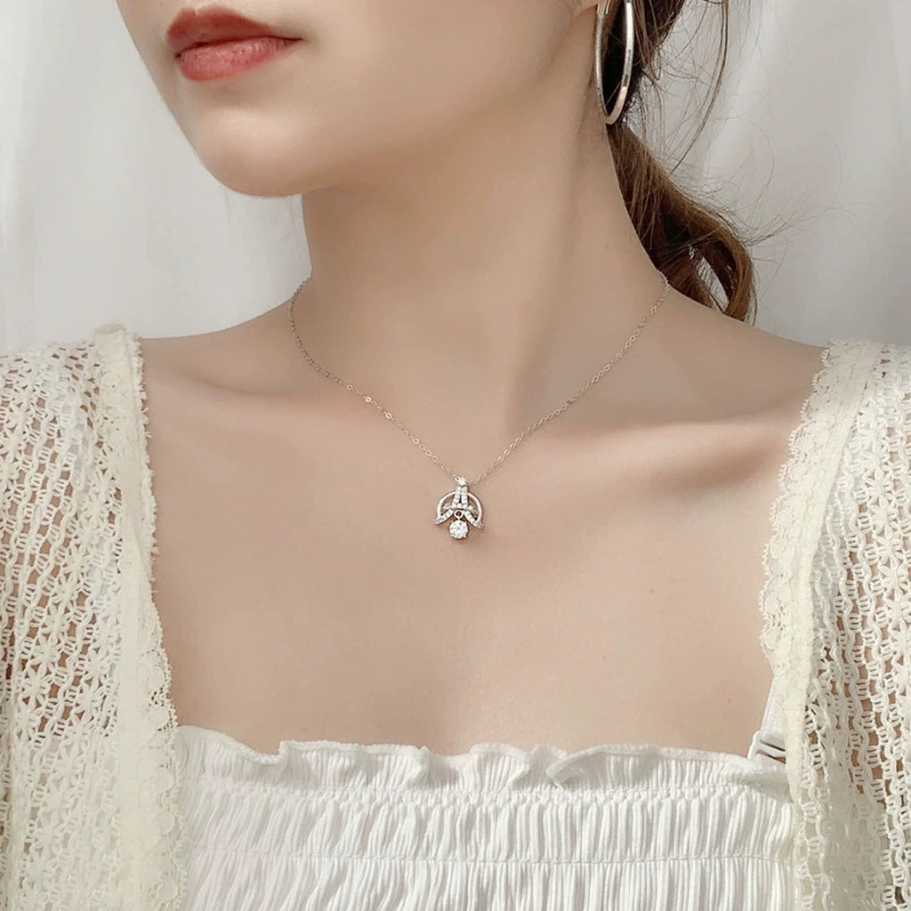 Eiffel Tower Round Moissanite Necklace with CZ in White Gold-Plated S925 sterling silver neckline model view showing pendant scale and chain length