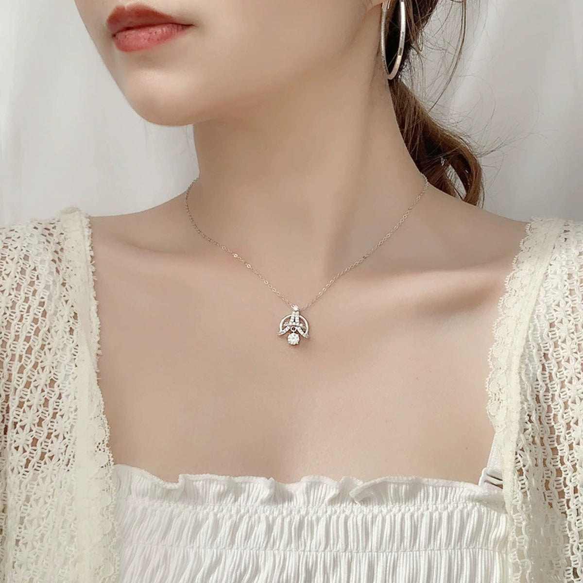 Eiffel Tower Round Moissanite Necklace with CZ in White Gold-Plated S925 sterling silver neckline model view showing pendant scale and chain length