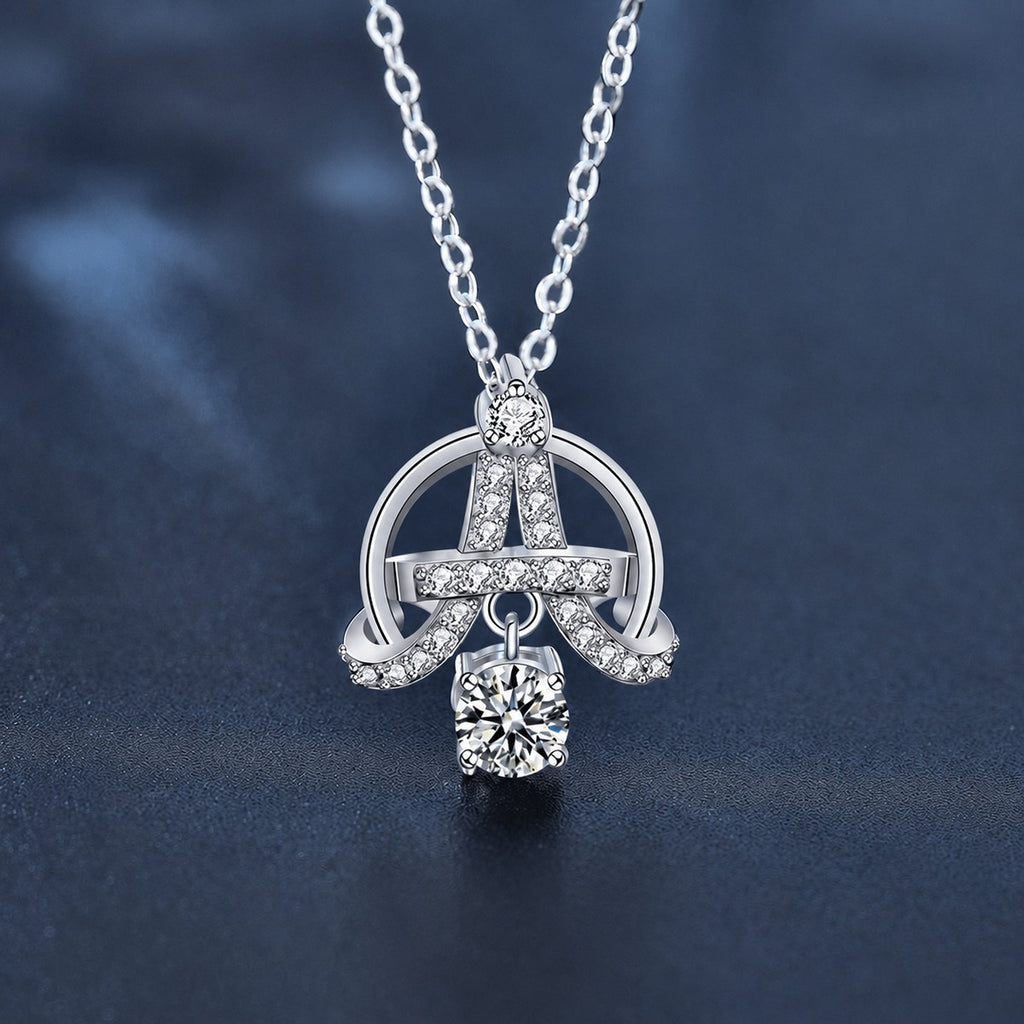 Eiffel Tower Round Moissanite Necklace with CZ in White Gold-Plated S925 sterling silver close-up styled product scene showing pendant setting