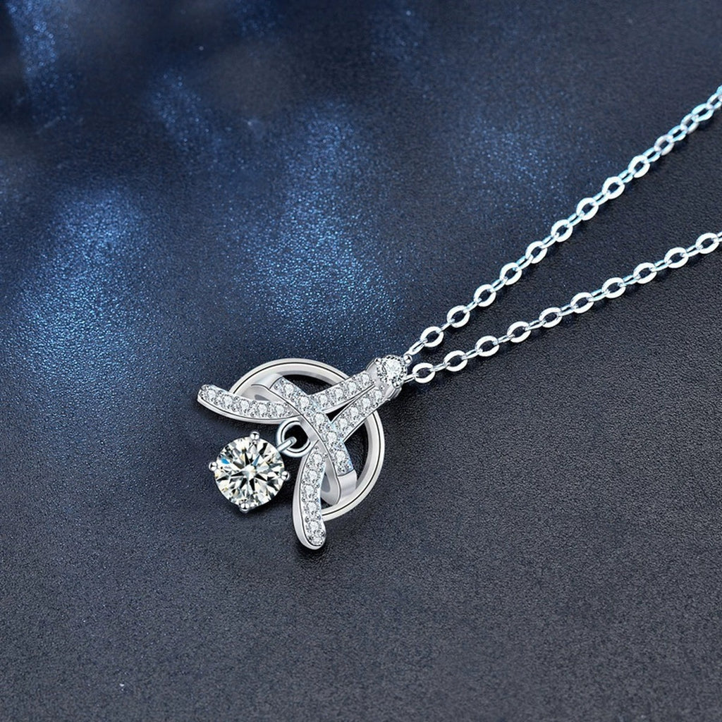 Eiffel Tower Round Moissanite Necklace with CZ in White Gold-Plated S925 sterling silver display scene showing chain and stone layout
