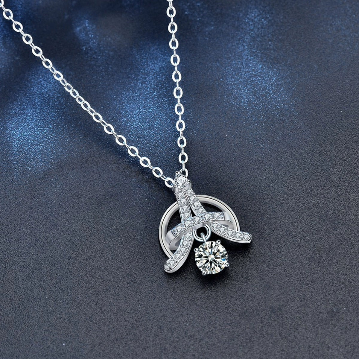 Eiffel Tower Round Moissanite Necklace with CZ in White Gold-Plated S925 sterling silver angled product detail view