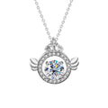 Angel Wing Crown Round Moissanite Necklace with CZ in White Gold-Plated S925 sterling silver white background product photo showing angel wing crown pendant with a 1 ct round moissanite center and CZ halo