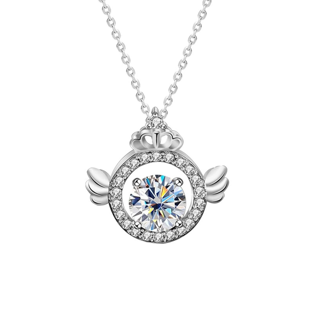 Angel Wing Crown Round Moissanite Necklace with CZ in White Gold-Plated S925 sterling silver white background product photo showing angel wing crown pendant with a 1 ct round moissanite center and CZ halo