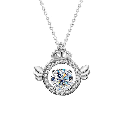 Angel Wing Crown Round Moissanite Necklace with CZ in White Gold-Plated S925 sterling silver white background product photo showing angel wing crown pendant with a 1 ct round moissanite center and CZ halo