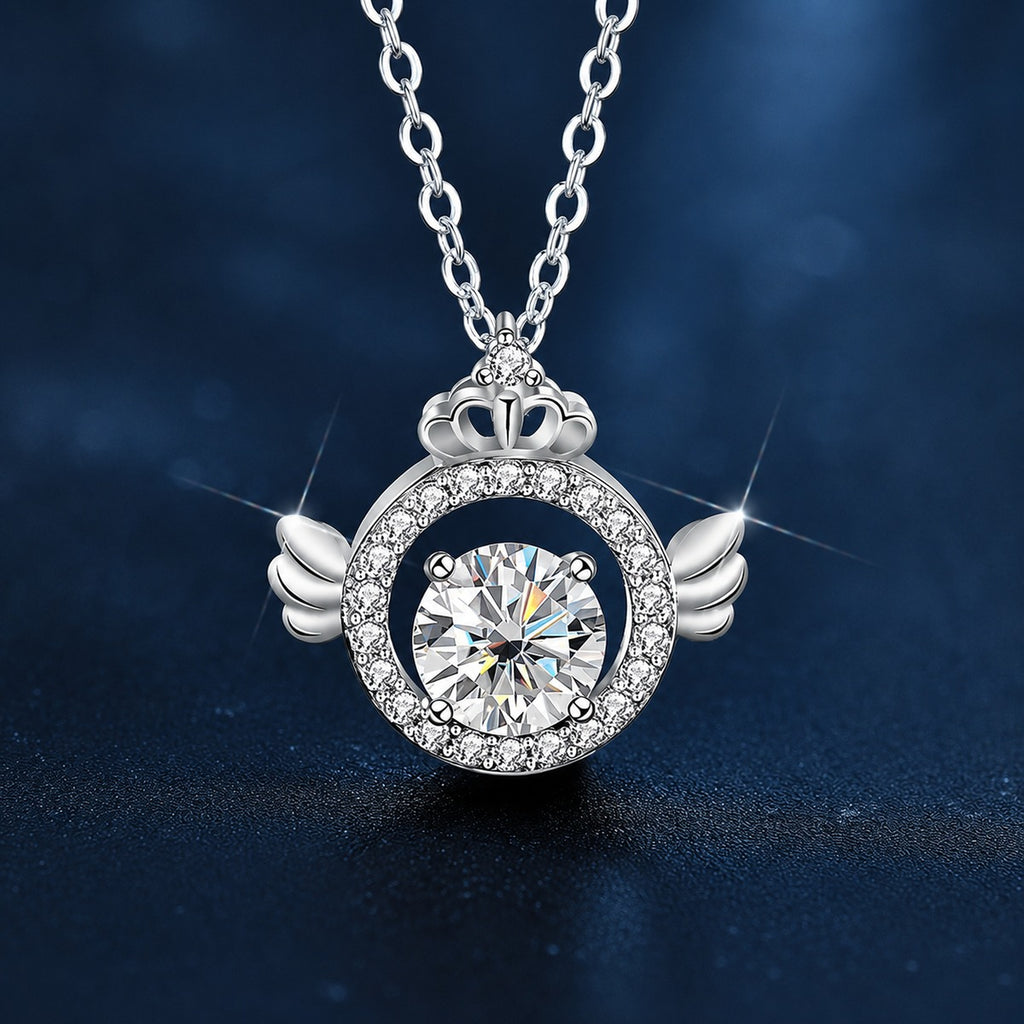 Angel Wing Crown Round Moissanite Necklace with CZ in White Gold-Plated S925 sterling silver close-up product scene showing pendant setting