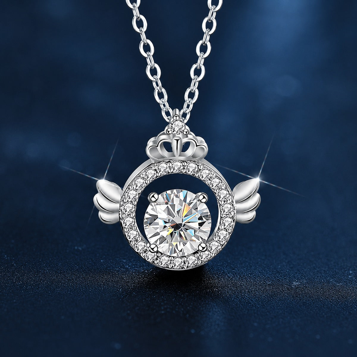 Angel Wing Crown Round Moissanite Necklace with CZ in White Gold-Plated S925 sterling silver close-up product scene showing pendant setting