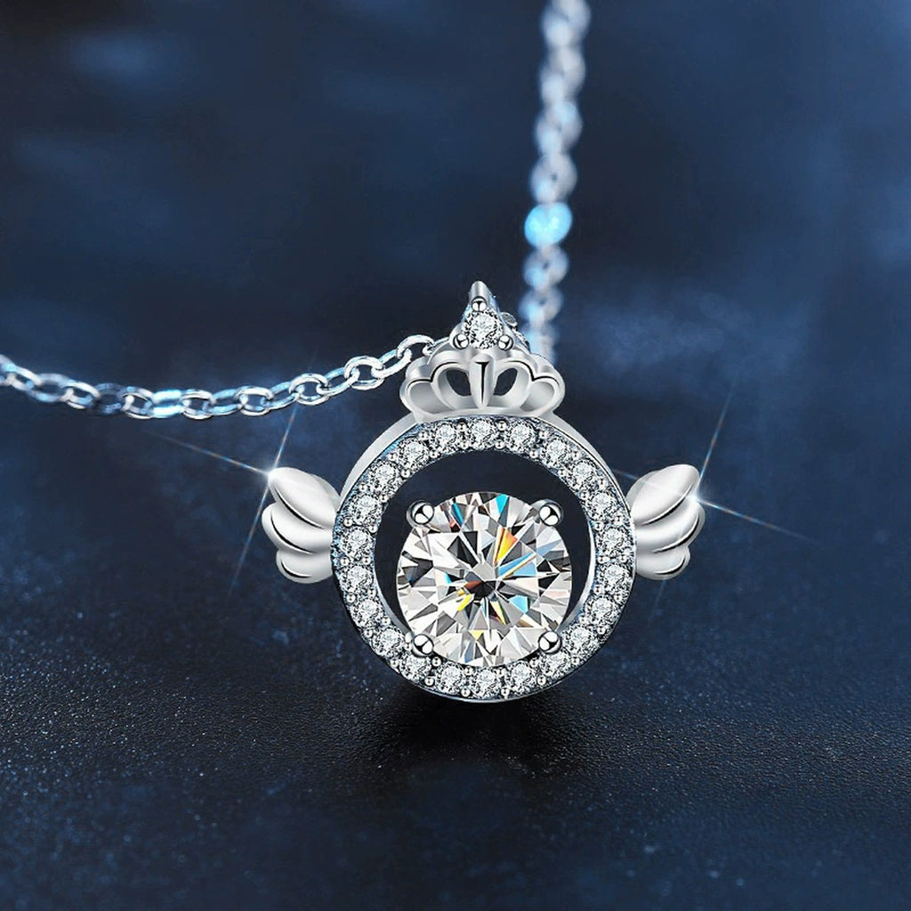 Angel Wing Crown Round Moissanite Necklace with CZ in White Gold-Plated S925 sterling silver blue display scene showing chain and stone layout
