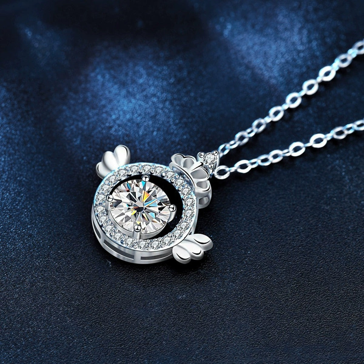 Angel Wing Crown Round Moissanite Necklace with CZ in White Gold-Plated S925 sterling silver angled product detail view