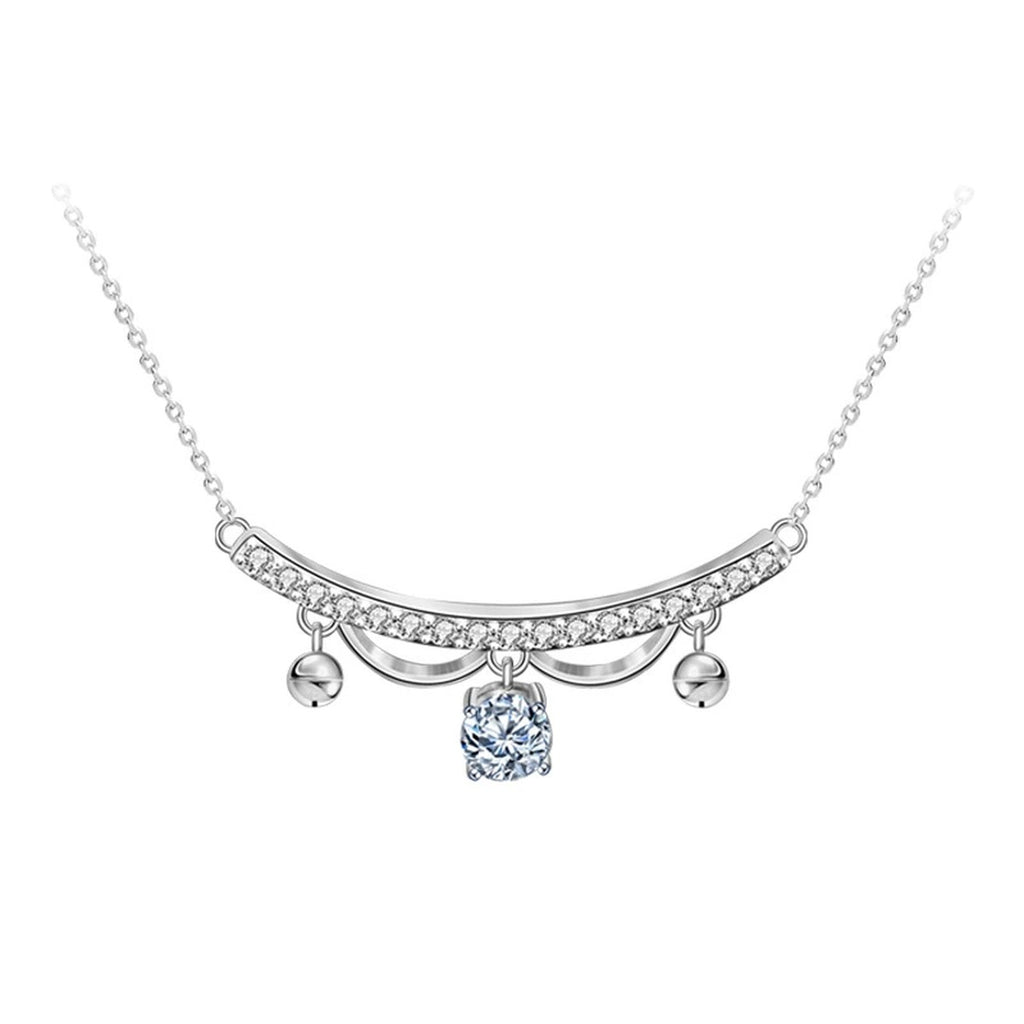 Lace Round Moissanite Necklace with CZ in White Gold-Plated S925 sterling silver white background product photo showing lace arc necklace with round moissanite center and CZ drops