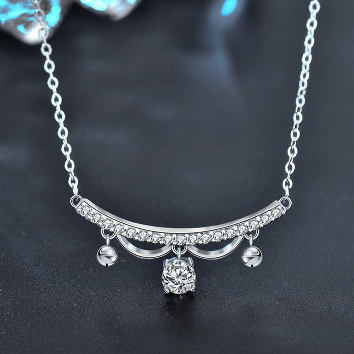 Lace Round Moissanite Necklace with CZ in White Gold-Plated S925 sterling silver angled product detail view