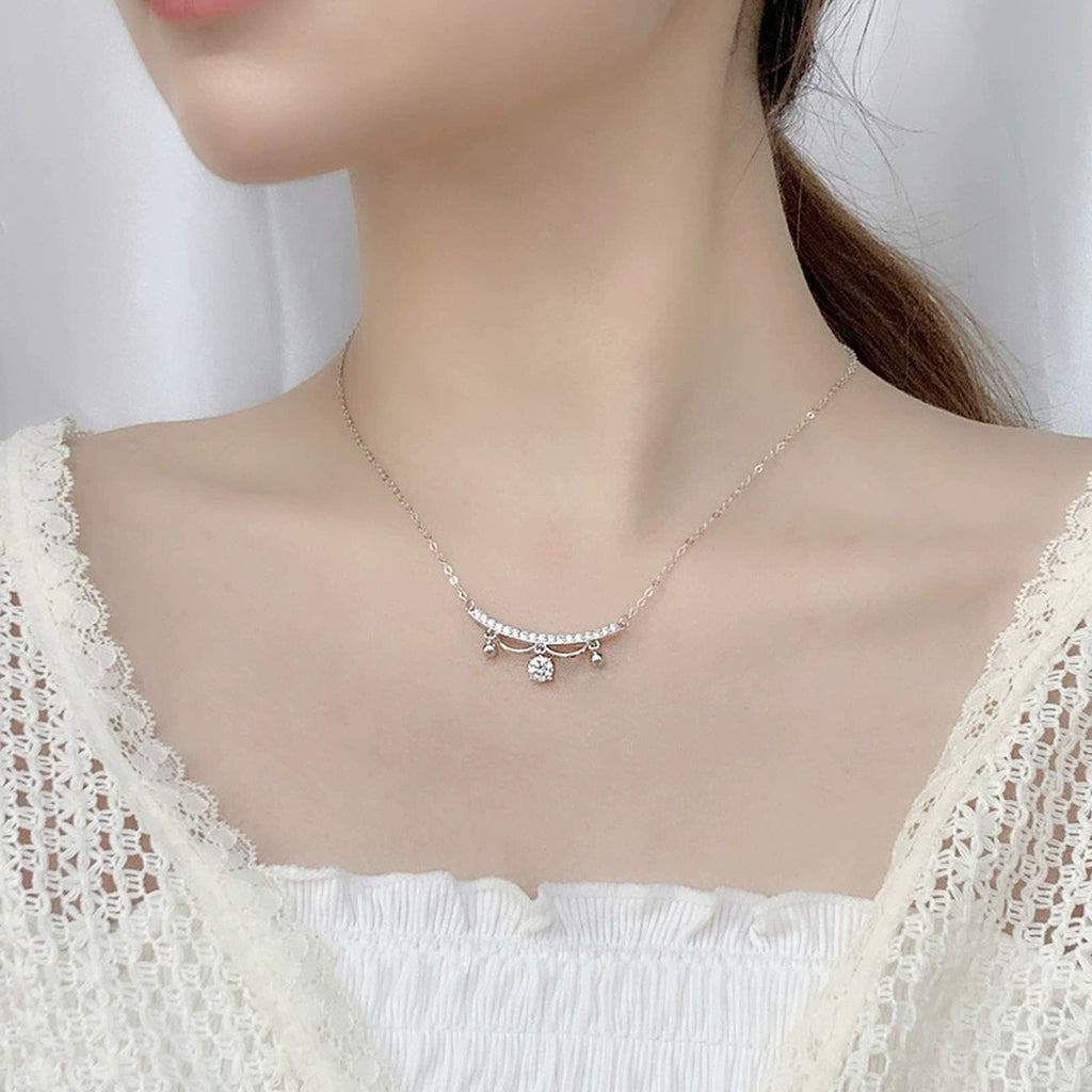 Lace Round Moissanite Necklace with CZ in White Gold-Plated S925 sterling silver neckline model view showing pendant scale and chain length