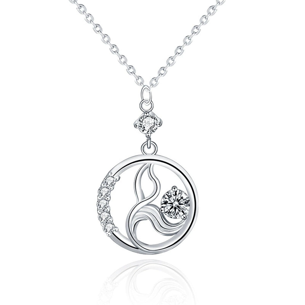 Mermaid Round Moissanite Necklace with CZ in White Gold-Plated S925 sterling silver white background product photo showing mermaid pendant with round moissanite center and CZ wave frame