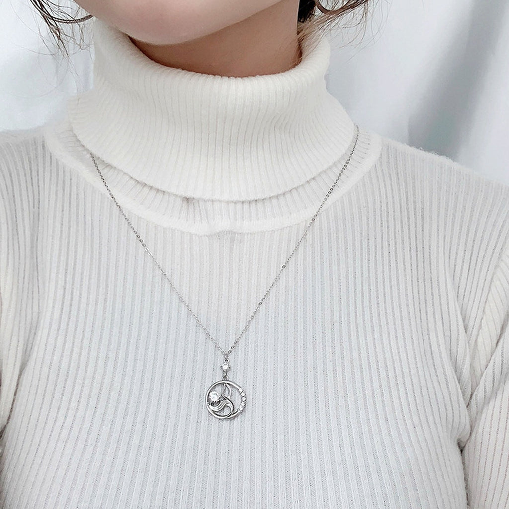Mermaid Round Moissanite Necklace with CZ in White Gold-Plated S925 sterling silver neckline model view showing pendant scale and chain length
