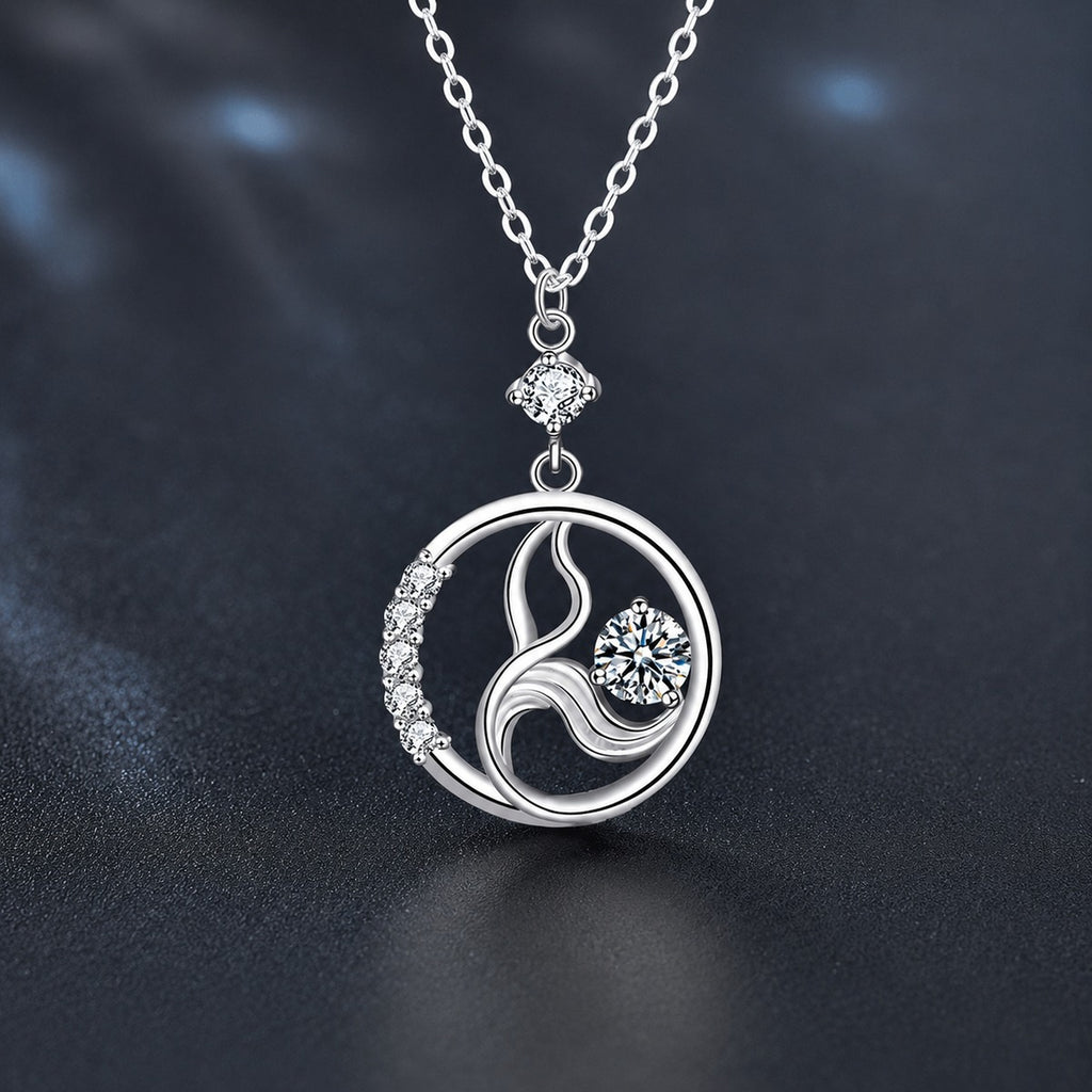 Mermaid Round Moissanite Necklace with CZ in White Gold-Plated S925 sterling silver close-up product scene showing pendant setting