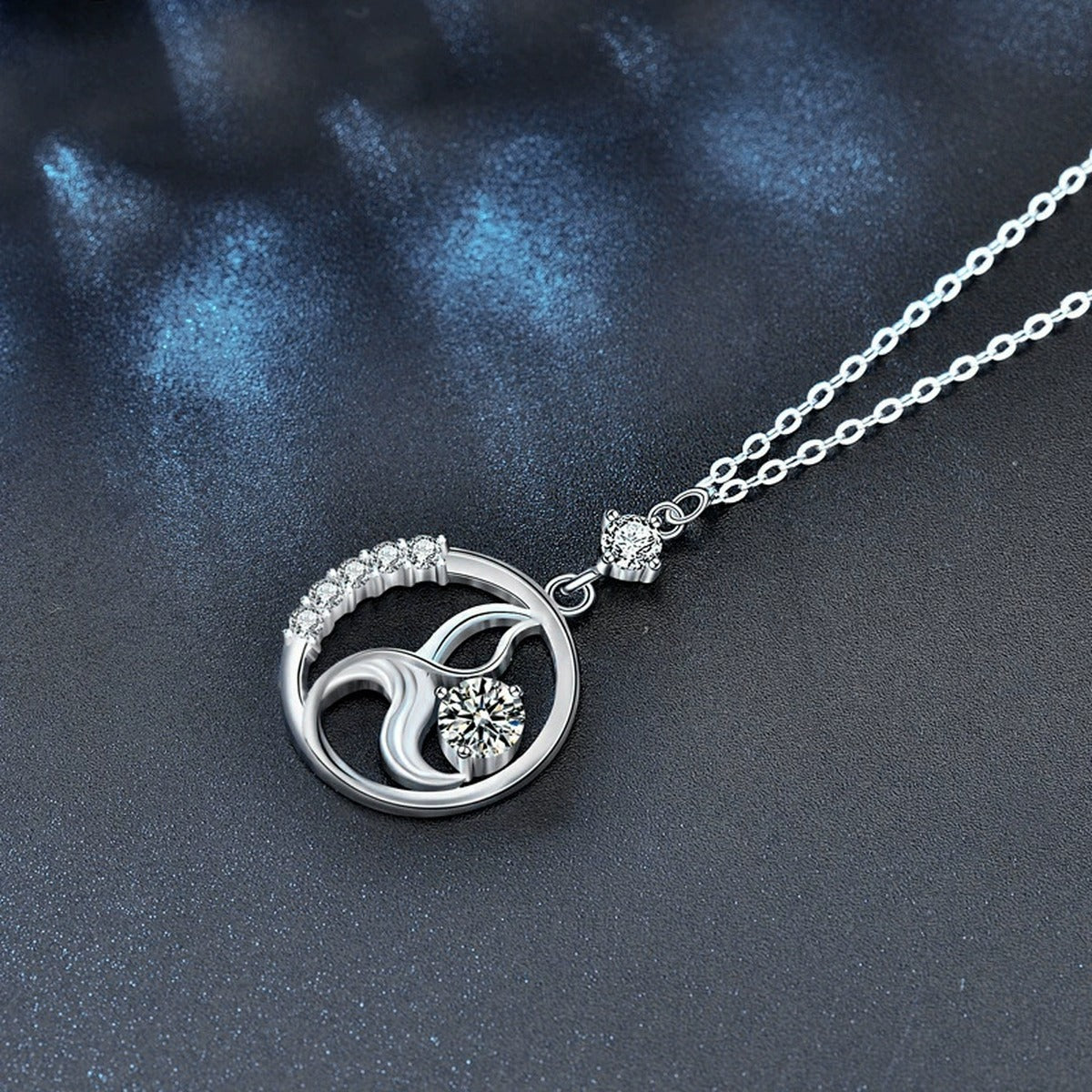 Mermaid Round Moissanite Necklace with CZ in White Gold-Plated S925 sterling silver blue display scene showing chain and stone layout