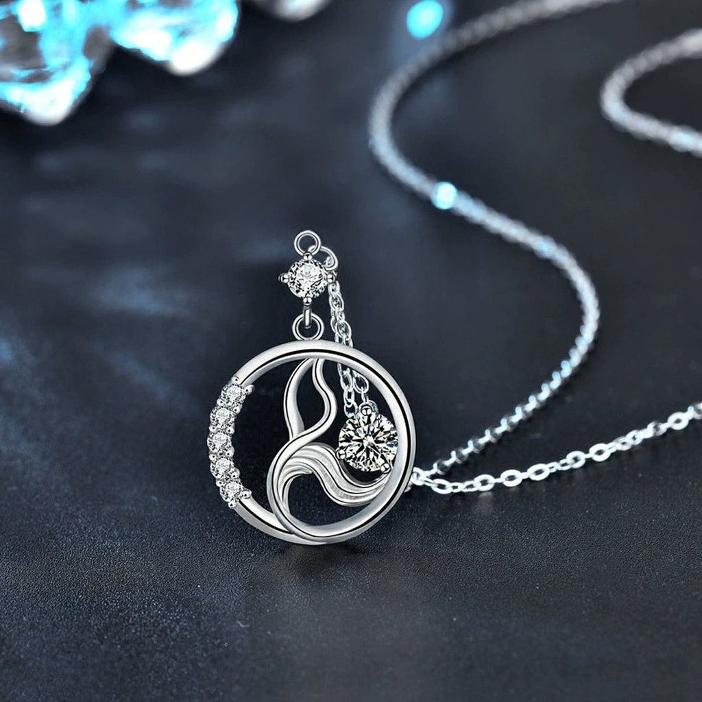 Mermaid Round Moissanite Necklace with CZ in White Gold-Plated S925 sterling silver angled product detail view