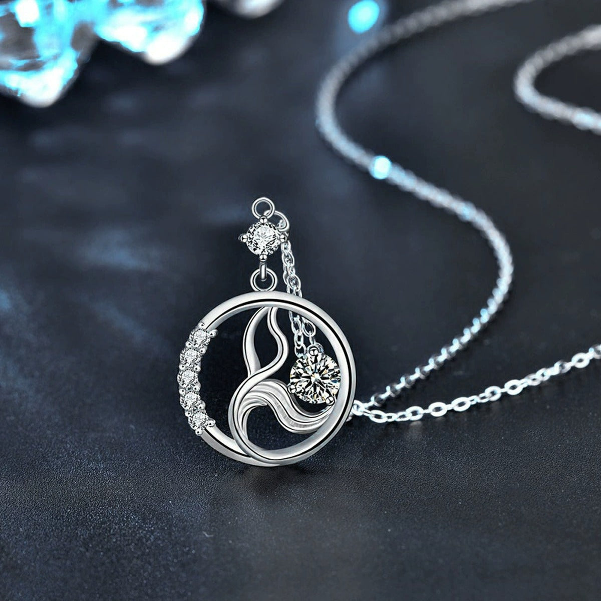 Mermaid Round Moissanite Necklace with CZ in White Gold-Plated S925 sterling silver angled product detail view