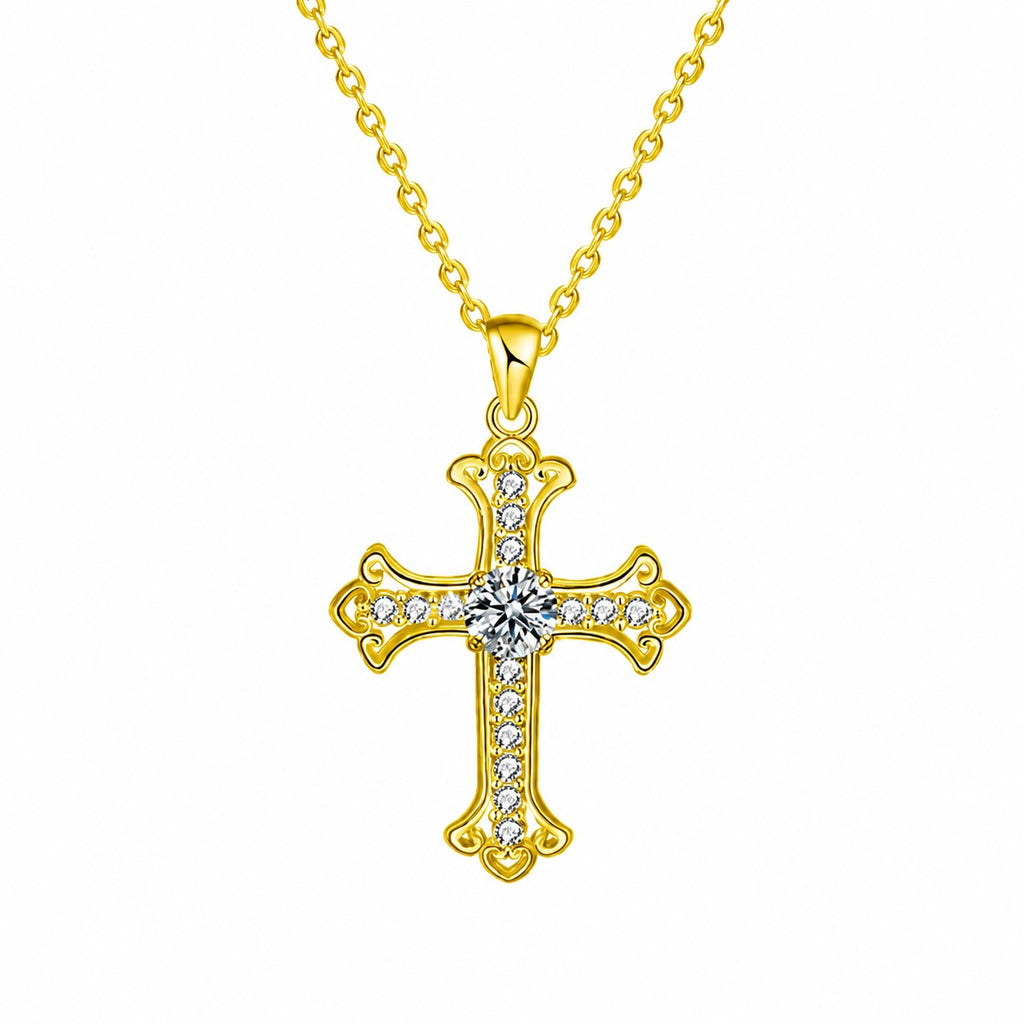 Cross Round Moissanite Necklace with CZ in Gold-Plated S925 sterling silver white background product photo showing cross pendant offered in white gold and yellow gold plating with round moissanite options