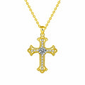 Cross Round Moissanite Necklace with CZ in Gold-Plated S925 sterling silver white background product photo showing cross pendant offered in white gold and yellow gold plating with round moissanite options