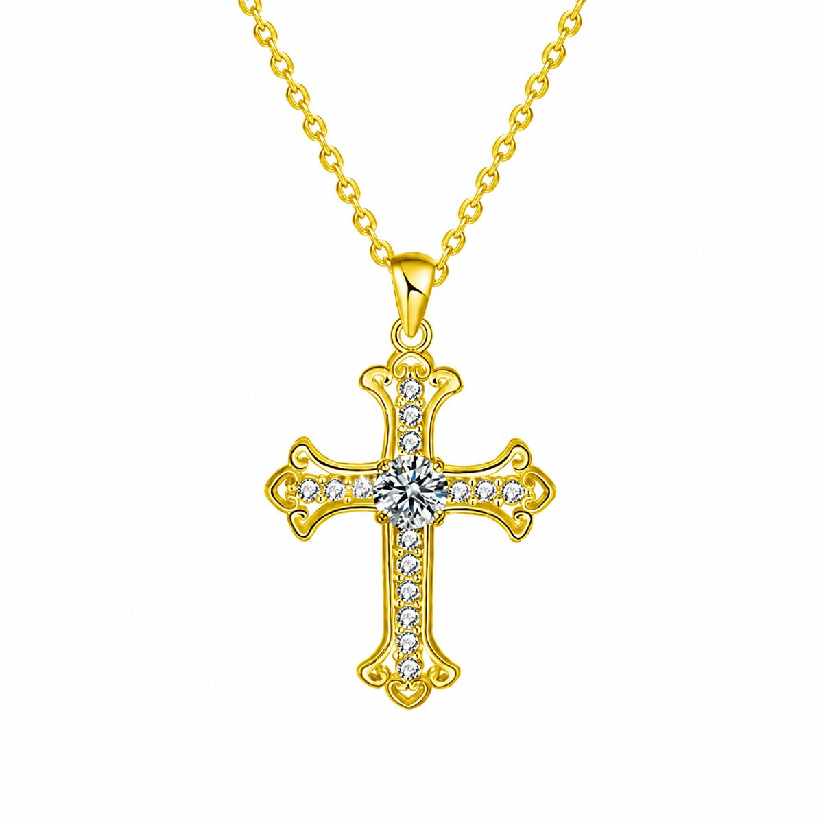 Cross Round Moissanite Necklace with CZ in Gold-Plated S925 sterling silver white background product photo showing cross pendant offered in white gold and yellow gold plating with round moissanite options