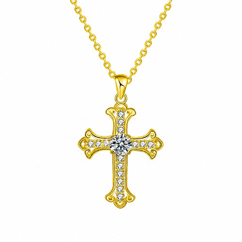 Cross Round Moissanite Necklace with CZ in Gold-Plated S925 sterling silver white background product photo showing cross pendant offered in white gold and yellow gold plating with round moissanite options