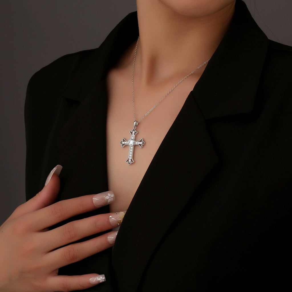 Cross Round Moissanite Necklace with CZ in Gold-Plated S925 sterling silver neckline model view showing pendant scale and chain length