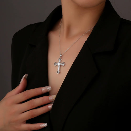 Cross Round Moissanite Necklace with CZ in Gold-Plated S925 sterling silver neckline model view showing pendant scale and chain length