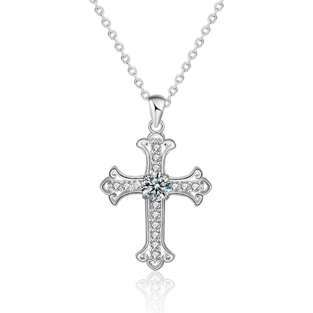 Cross Round Moissanite Necklace with CZ in Gold-Plated S925 sterling silver close-up product scene showing pendant setting