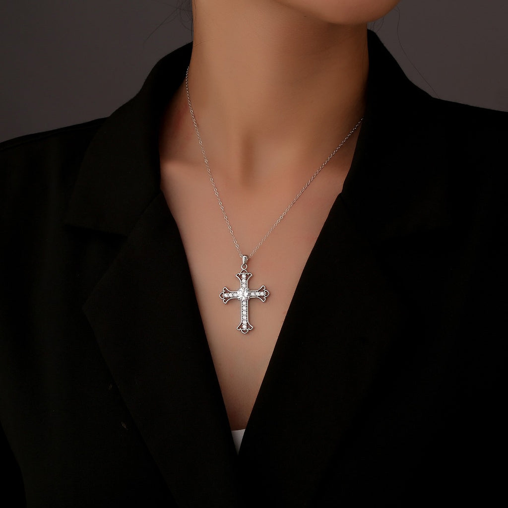 Cross Round Moissanite Necklace with CZ in Gold-Plated S925 sterling silver neckline model view showing pendant scale and chain length