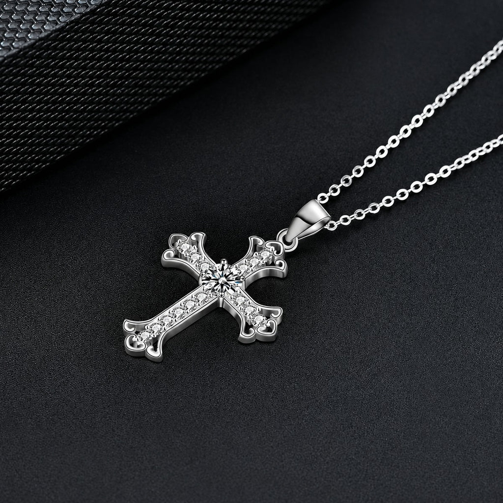 Cross Round Moissanite Necklace with CZ in Gold-Plated S925 sterling silver blue display scene showing chain and stone layout