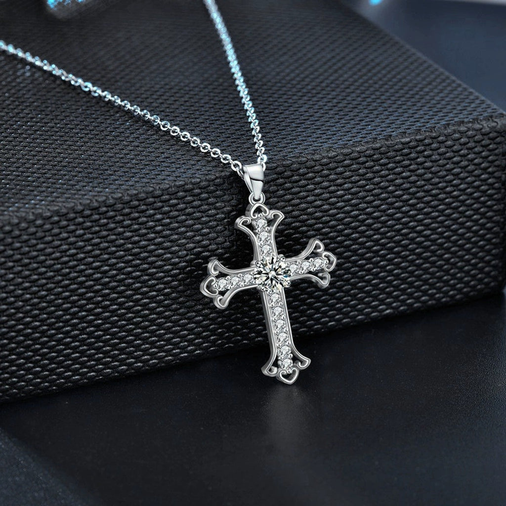 Cross Round Moissanite Necklace with CZ in Gold-Plated S925 sterling silver angled product detail view