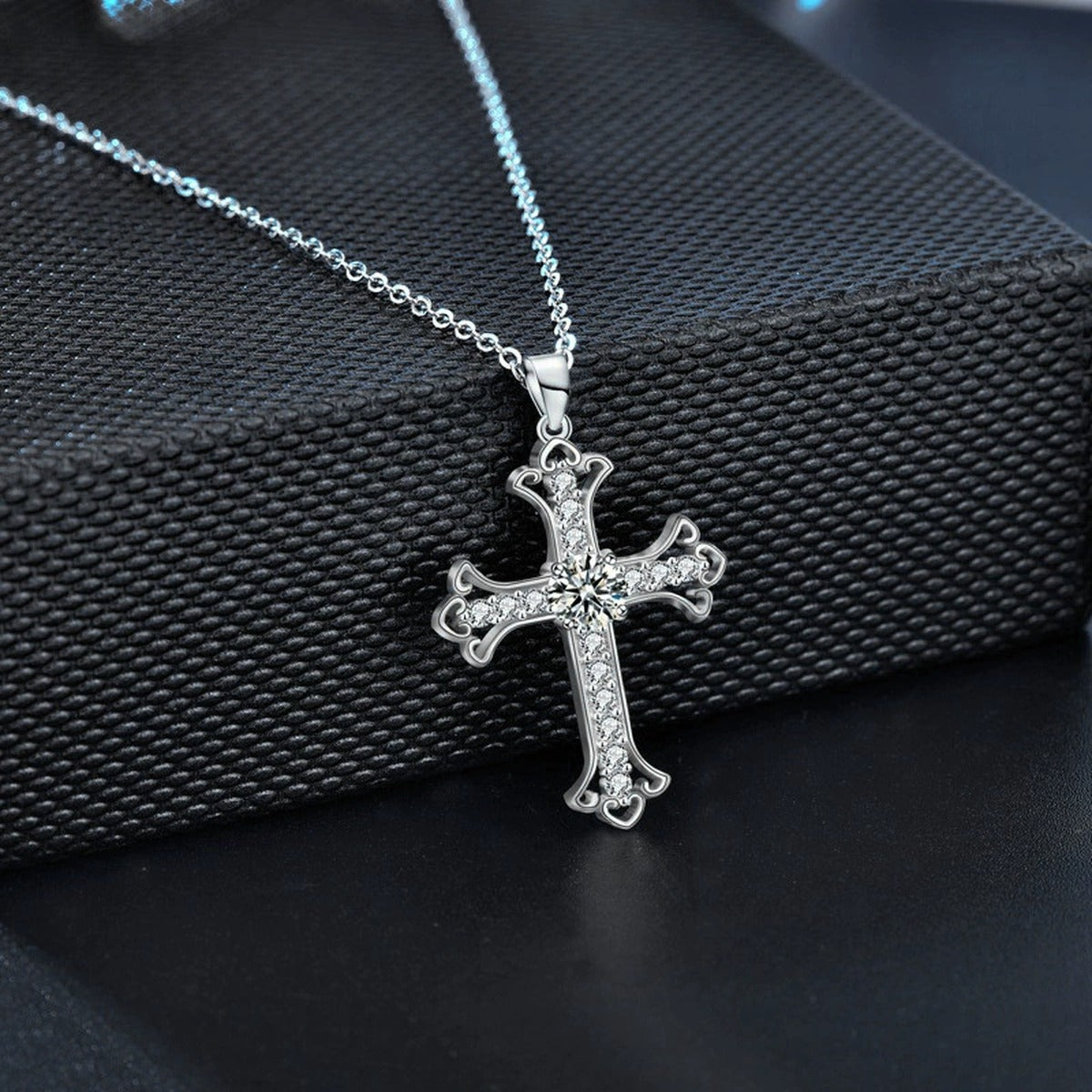 Cross Round Moissanite Necklace with CZ in Gold-Plated S925 sterling silver angled product detail view