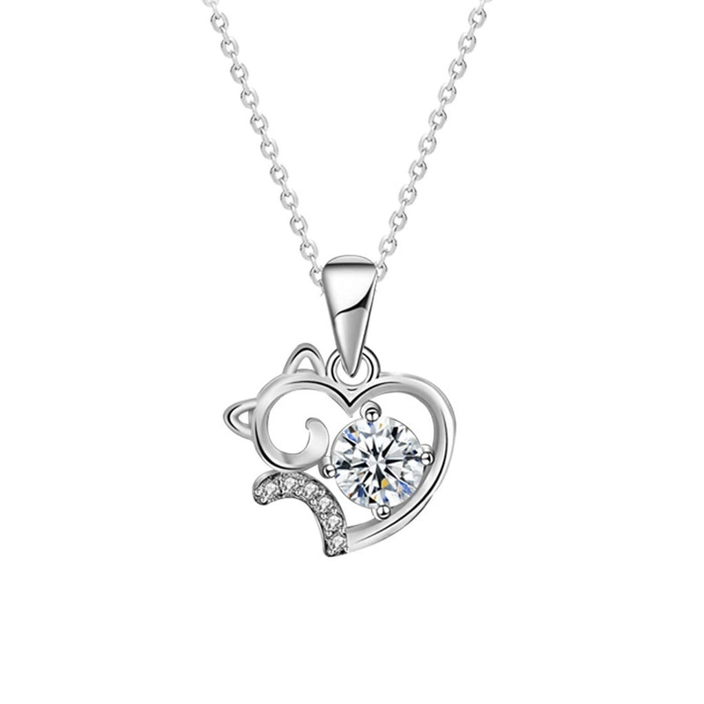 Cat and Heart Round Moissanite Necklace with CZ in White Gold-Plated S925 sterling silver white background front product view showing a playful cat profile nestled against an open heart