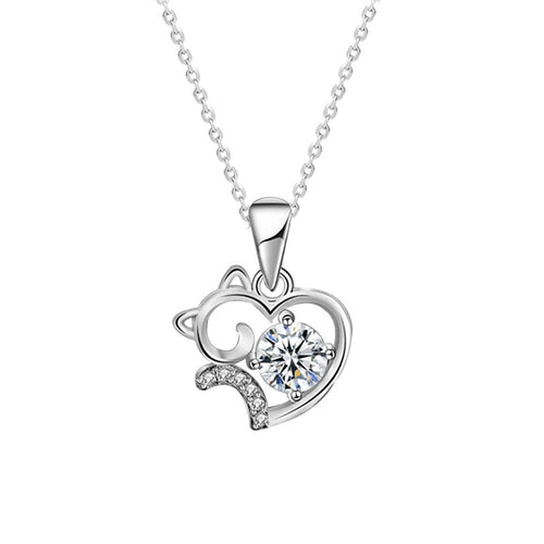 Cat and Heart Round Moissanite Necklace with CZ in White Gold-Plated S925 sterling silver white background front product view showing a playful cat profile nestled against an open heart
