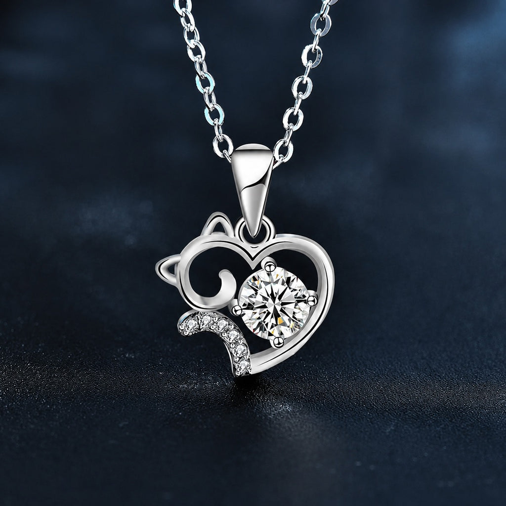 Cat and Heart Round Moissanite Necklace with CZ in White Gold-Plated S925 sterling silver close-up styled product scene showing pendant setting