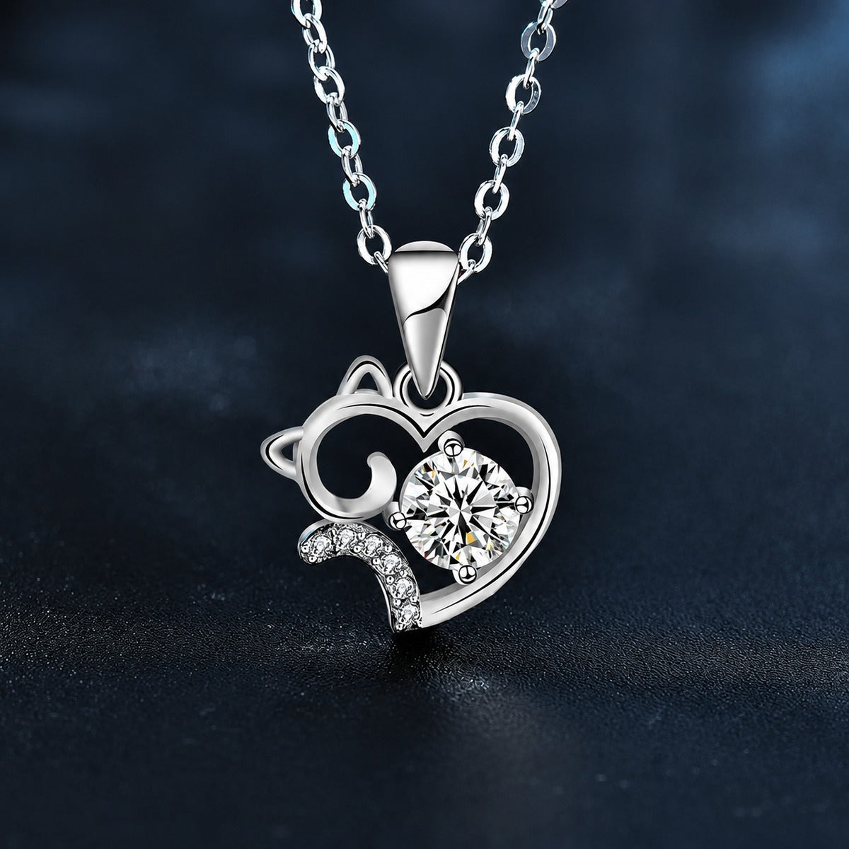 Cat and Heart Round Moissanite Necklace with CZ in White Gold-Plated S925 sterling silver close-up styled product scene showing pendant setting