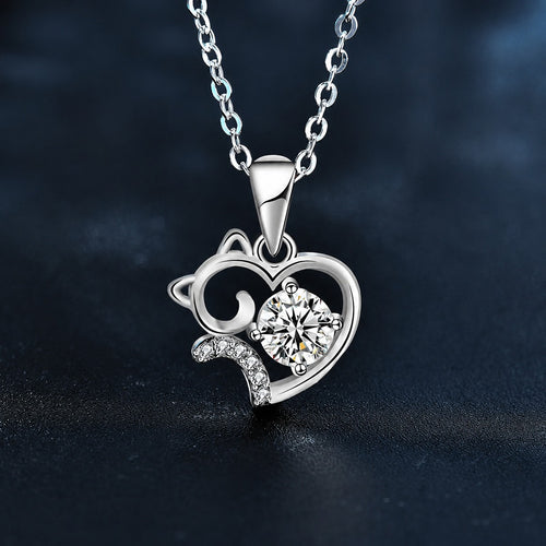 Cat and Heart Round Moissanite Necklace with CZ in White Gold-Plated S925 sterling silver close-up styled product scene showing pendant setting