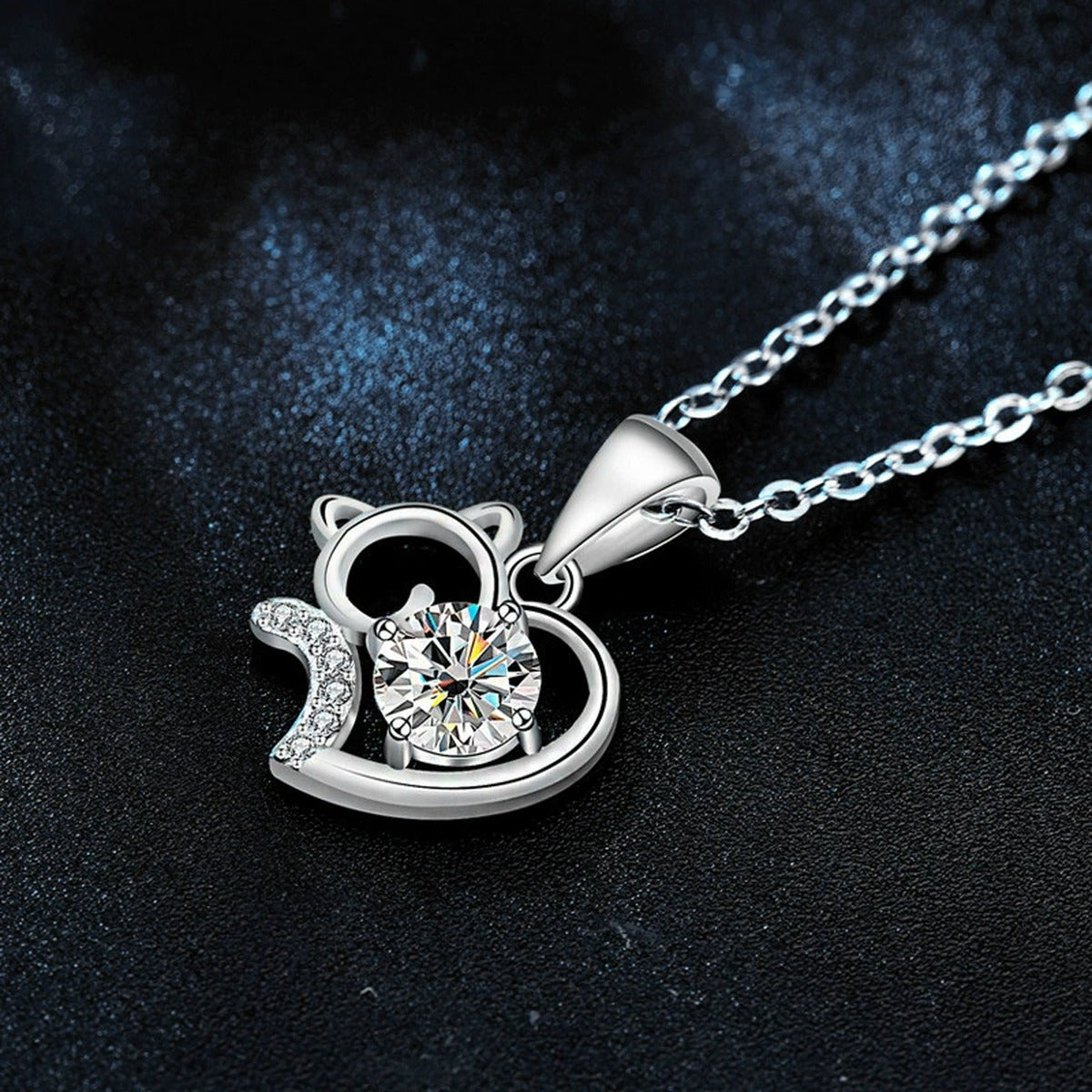 Cat and Heart Round Moissanite Necklace with CZ in White Gold-Plated S925 sterling silver display scene showing chain and stone layout