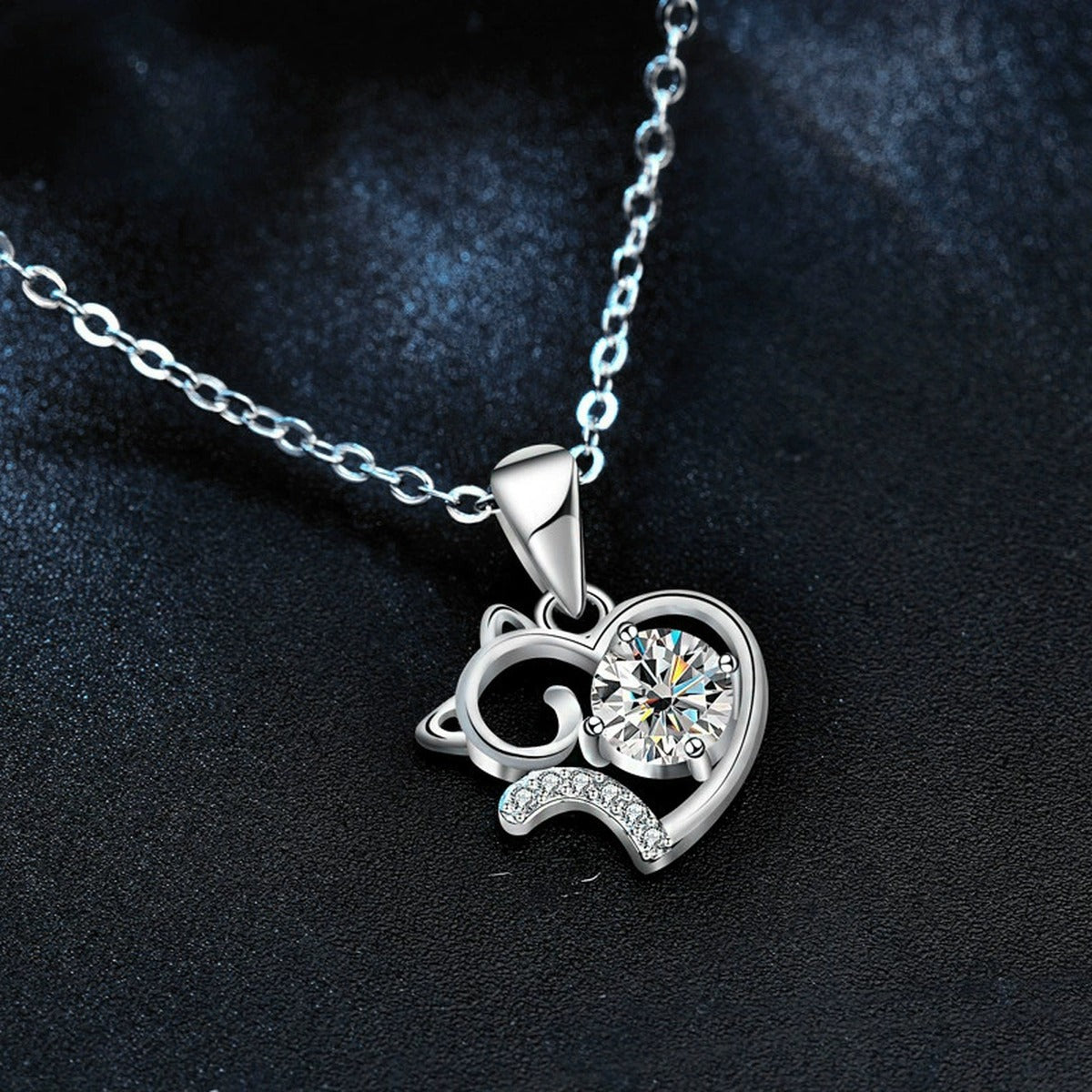 Cat and Heart Round Moissanite Necklace with CZ in White Gold-Plated S925 sterling silver angled product detail view