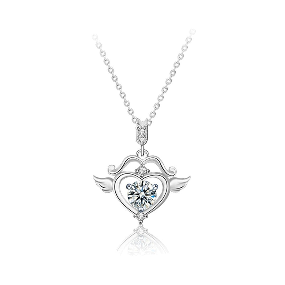 Angel Heart Round Moissanite Necklace with CZ in White Gold-Plated S925 sterling silver white background product photo showing angel heart pendant with round moissanite center and CZ bail