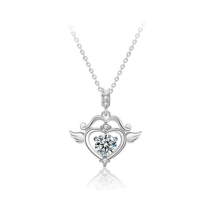Angel Heart Round Moissanite Necklace with CZ in White Gold-Plated S925 sterling silver white background product photo showing angel heart pendant with round moissanite center and CZ bail