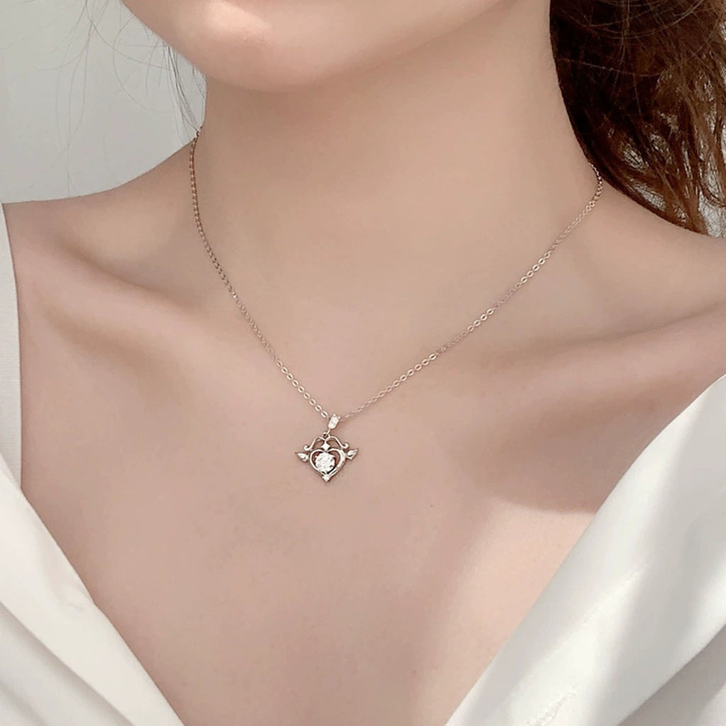 Angel Heart Round Moissanite Necklace with CZ in White Gold-Plated S925 sterling silver neckline model view showing pendant scale and chain length